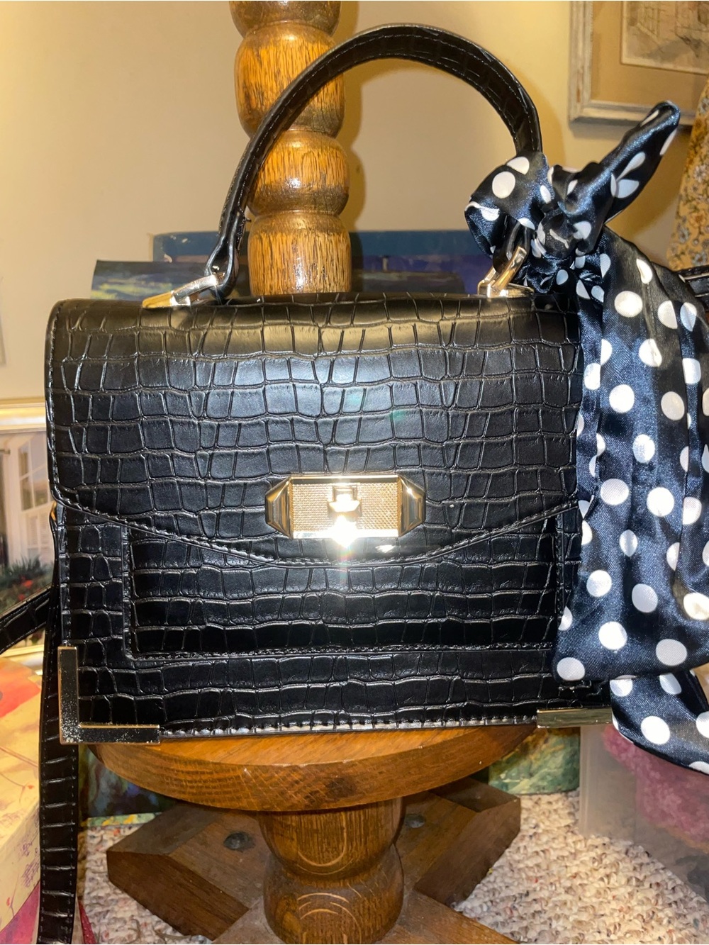 Aldo Black Croc-Embossed Top Handle Crossbody Bag with Gold Hardware